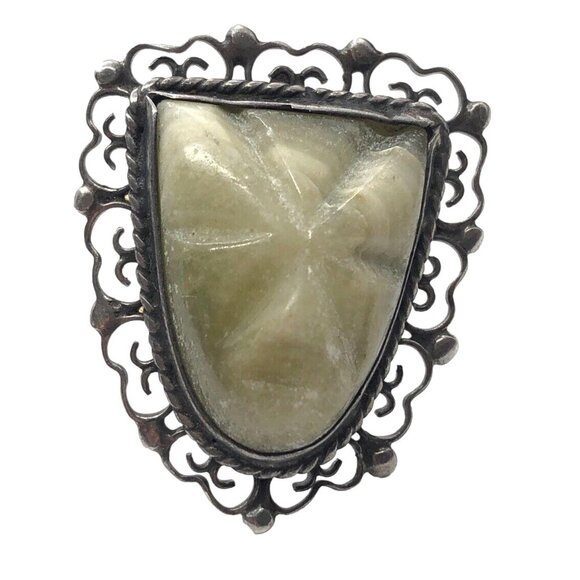 Vintage Sterling Silver Ring 925 Size 6 Green Mexico Stone Carved Face Mask - Picture 1 of 8